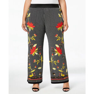 B24-Women's Alfani Pants Size L Black Floral Print Wide Leg